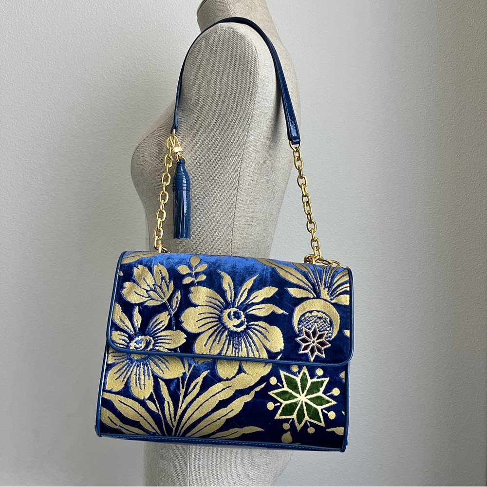 Tory Burch Blue and Gold Floral Velvet Shoulder Bag